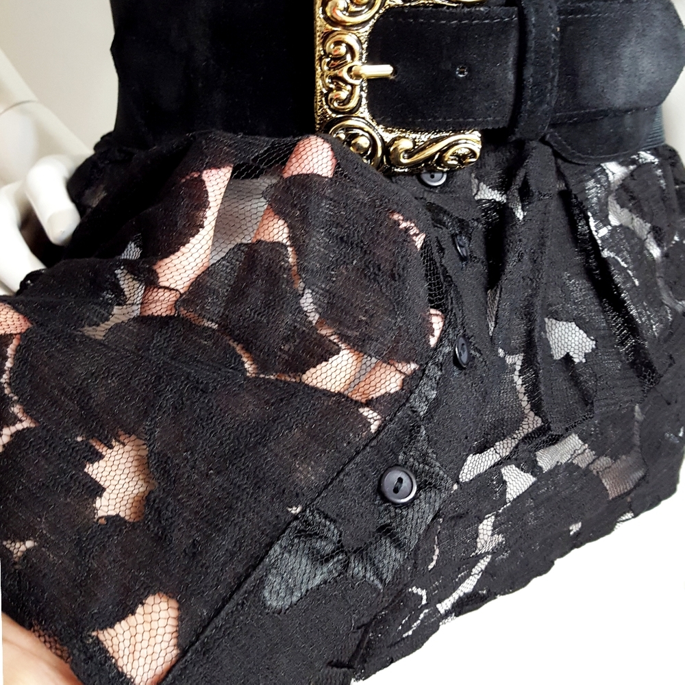 90's-Y2K💋Seductions🖤Black Floral Sheer Ruffle Frill Peplum Top - Picture 6 of 9